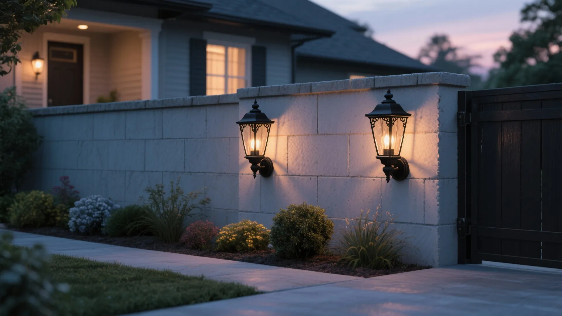 Two black wall lights on a stone wall at night next to a garden gate