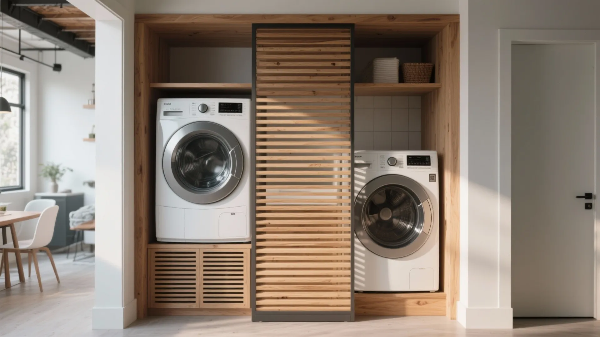 Open-plan laundry nook with a slatted wood decorative screen masking a stacked washer dryer and allowing airflow.