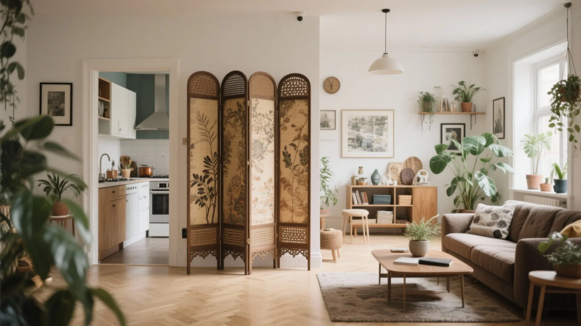 Vintage decorative folding screen separating kitchen and living area