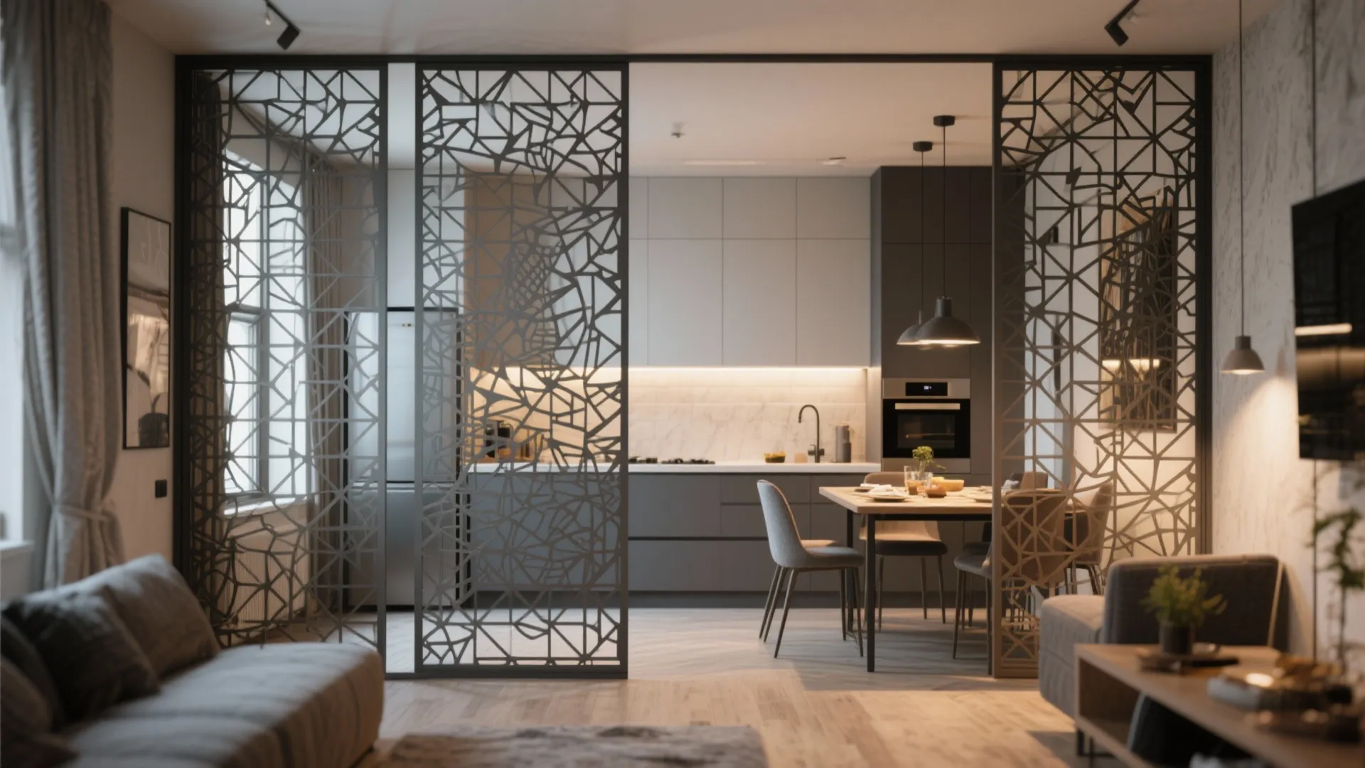 Geometric pattern metal screen panels separating a modern living room from the kitchen and dining