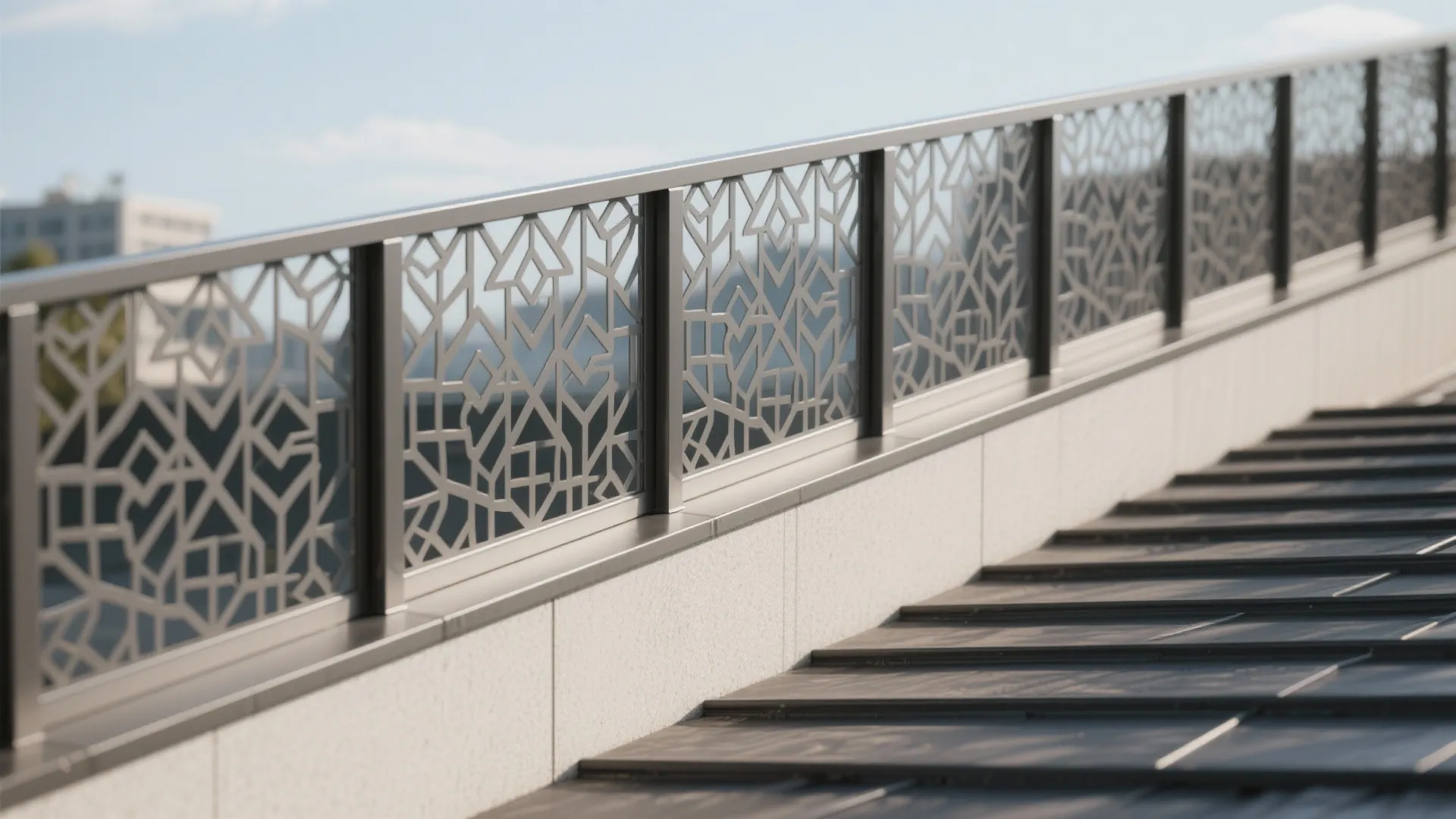 Modern grey metal decorative fence with geometric patterns installed on a white rooftop wall edge