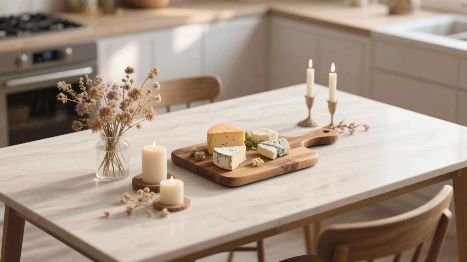 Wooden board with cheese slices near candles and dried flowers on clean white dining table