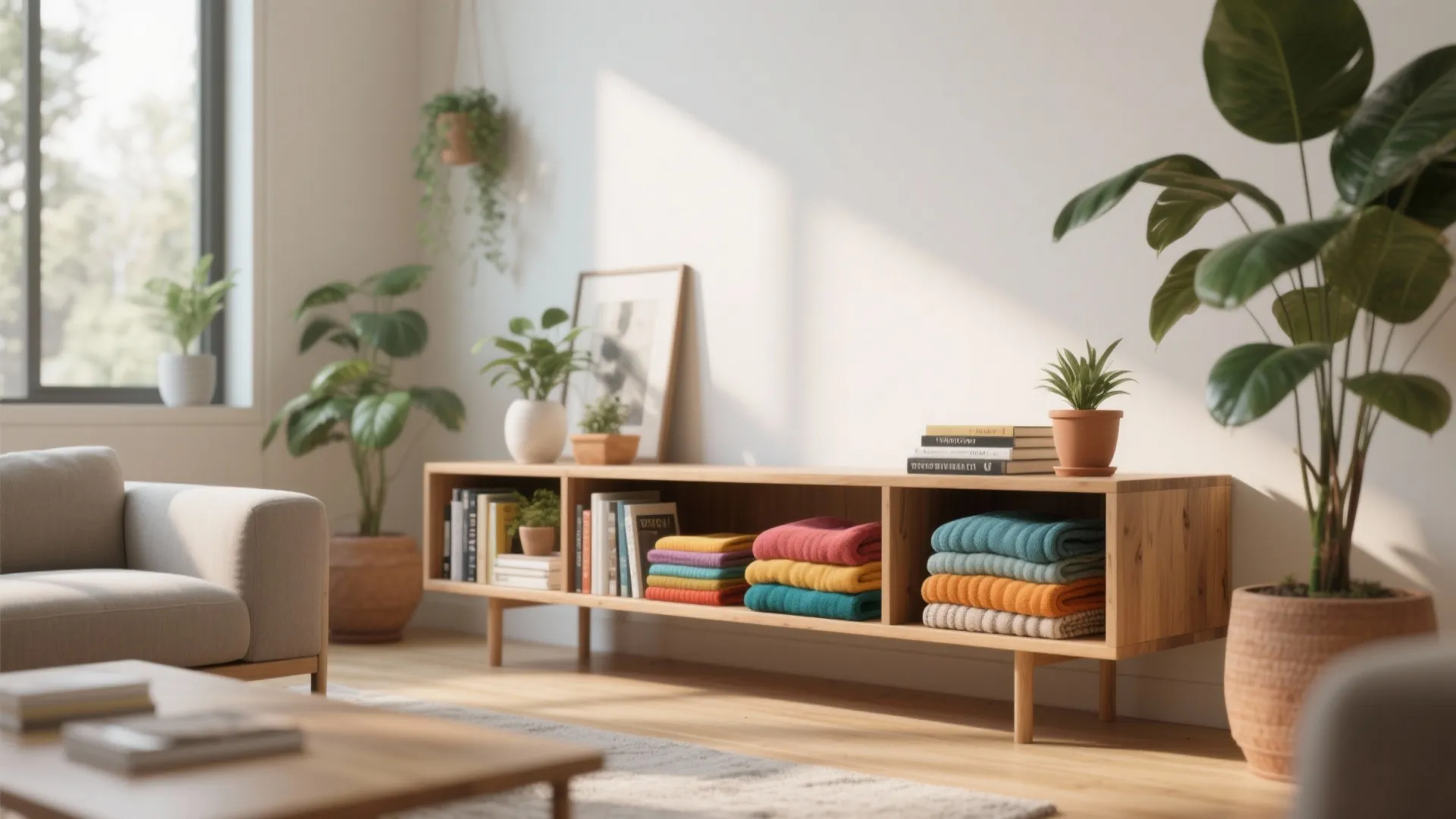 5. Decorative Shelving with Folded Throws