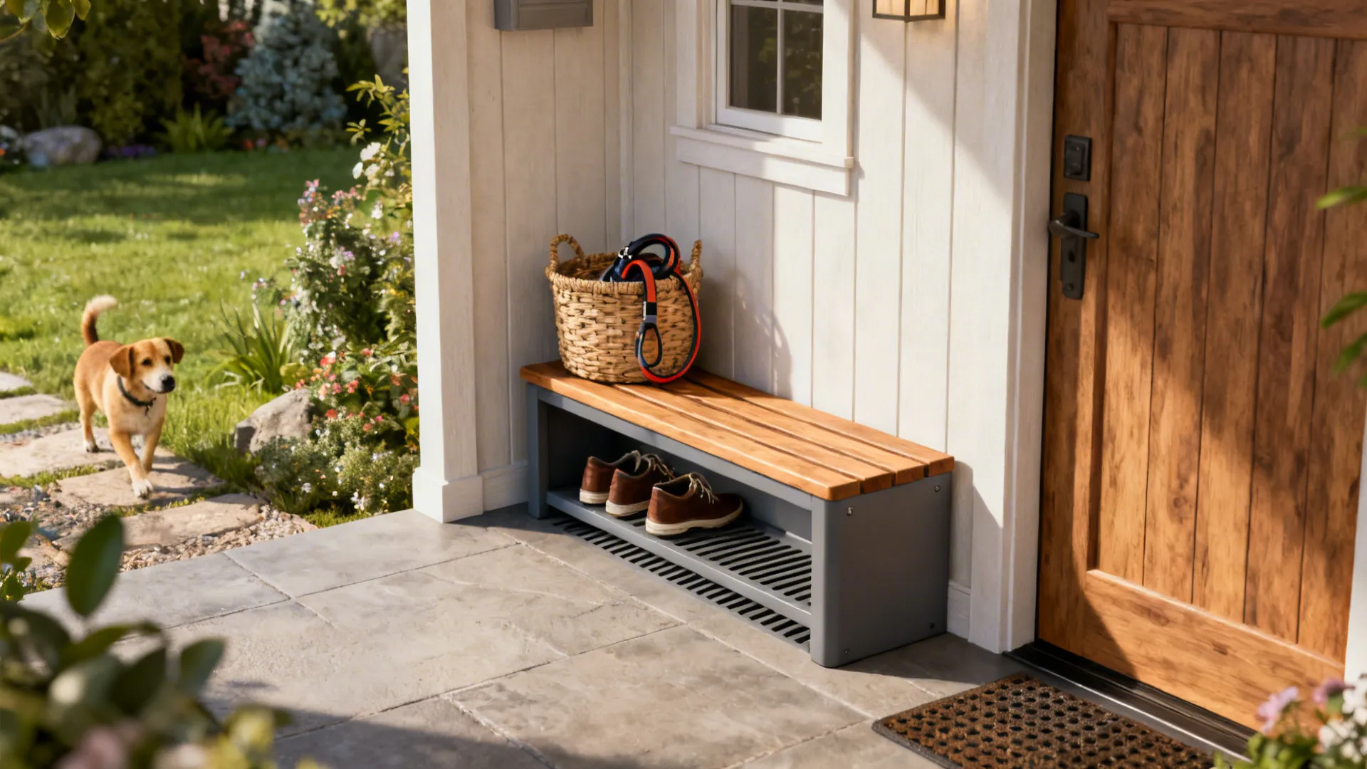 Slim storage bench and decorative basket keeping porch tidy while providing seating.