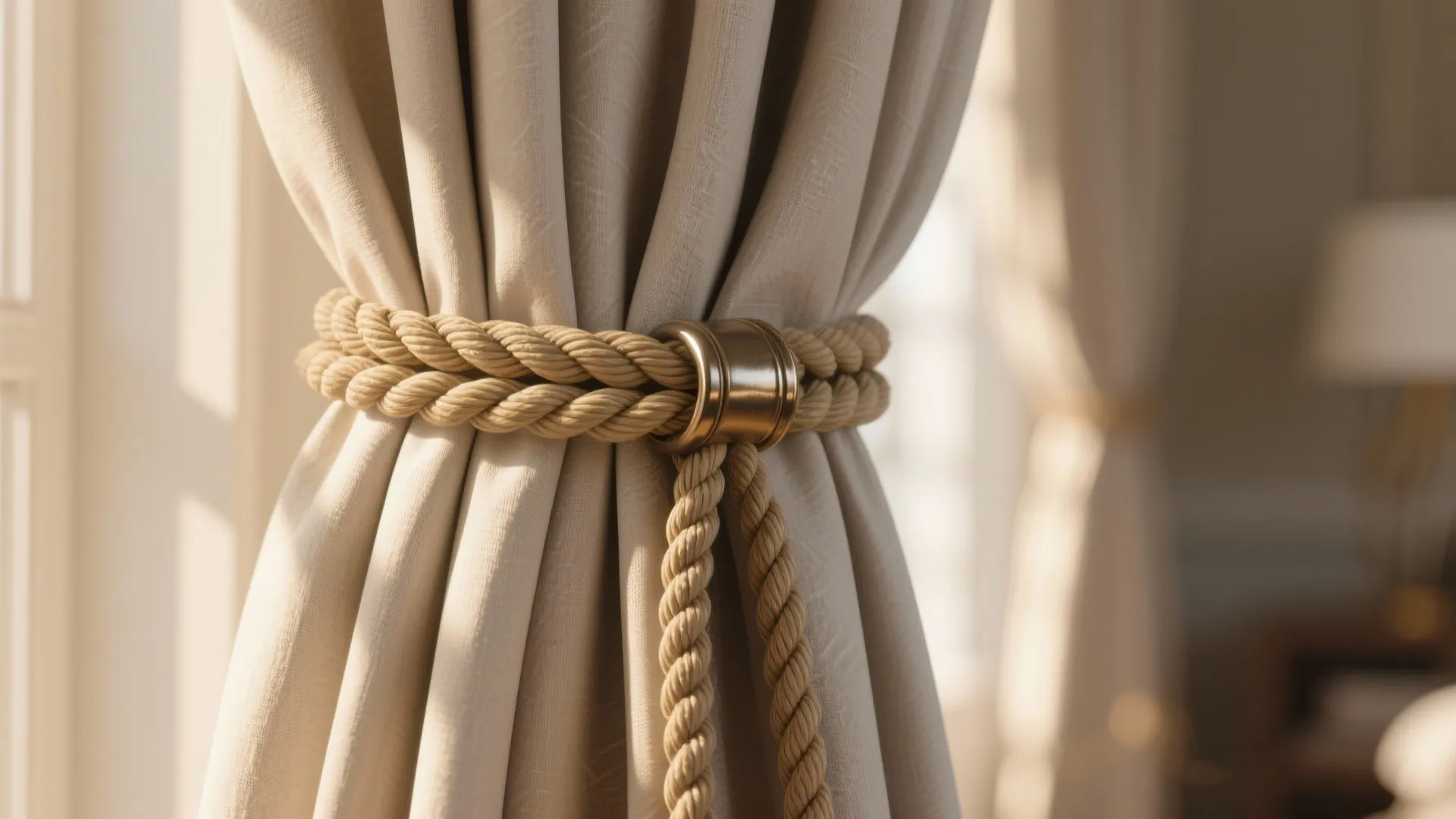 Close up of beige window curtain held by a thick brown rope tie with metal ring