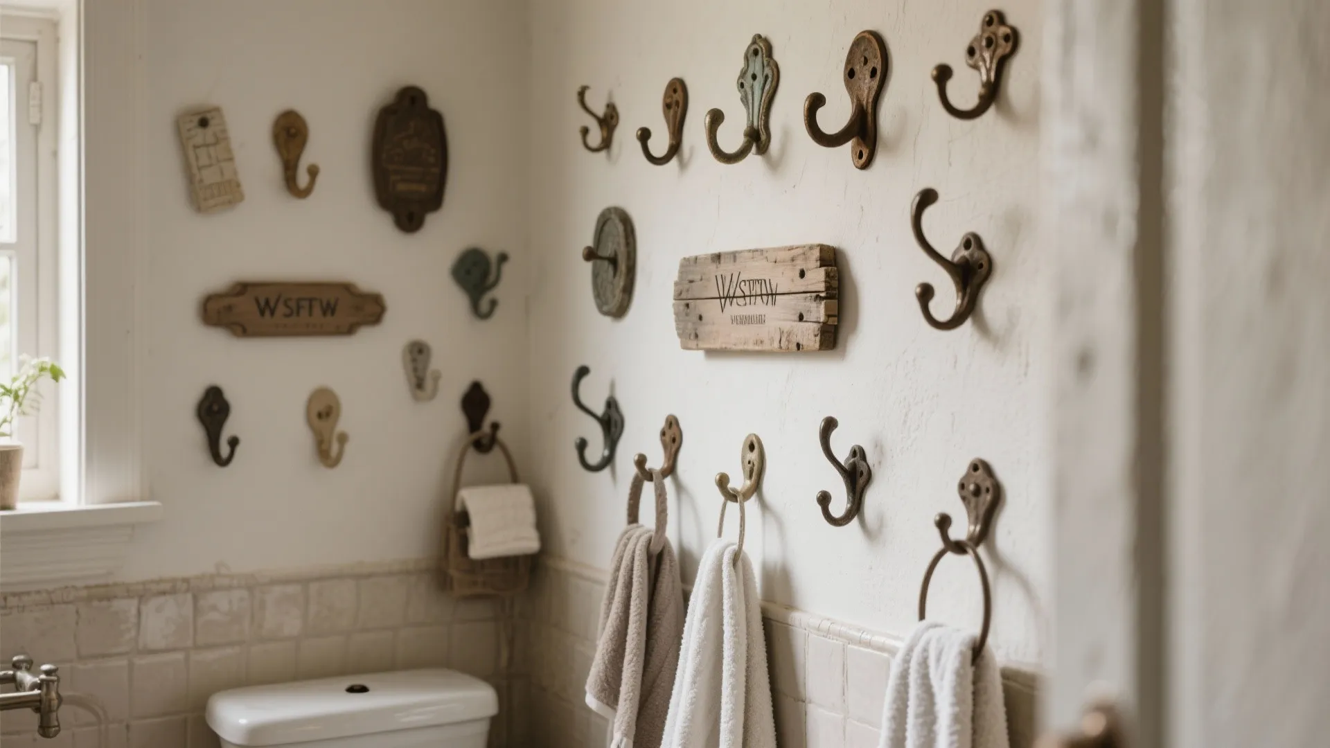 White bathroom wall decorated with many vintage metal hooks holding white towels near a toilet