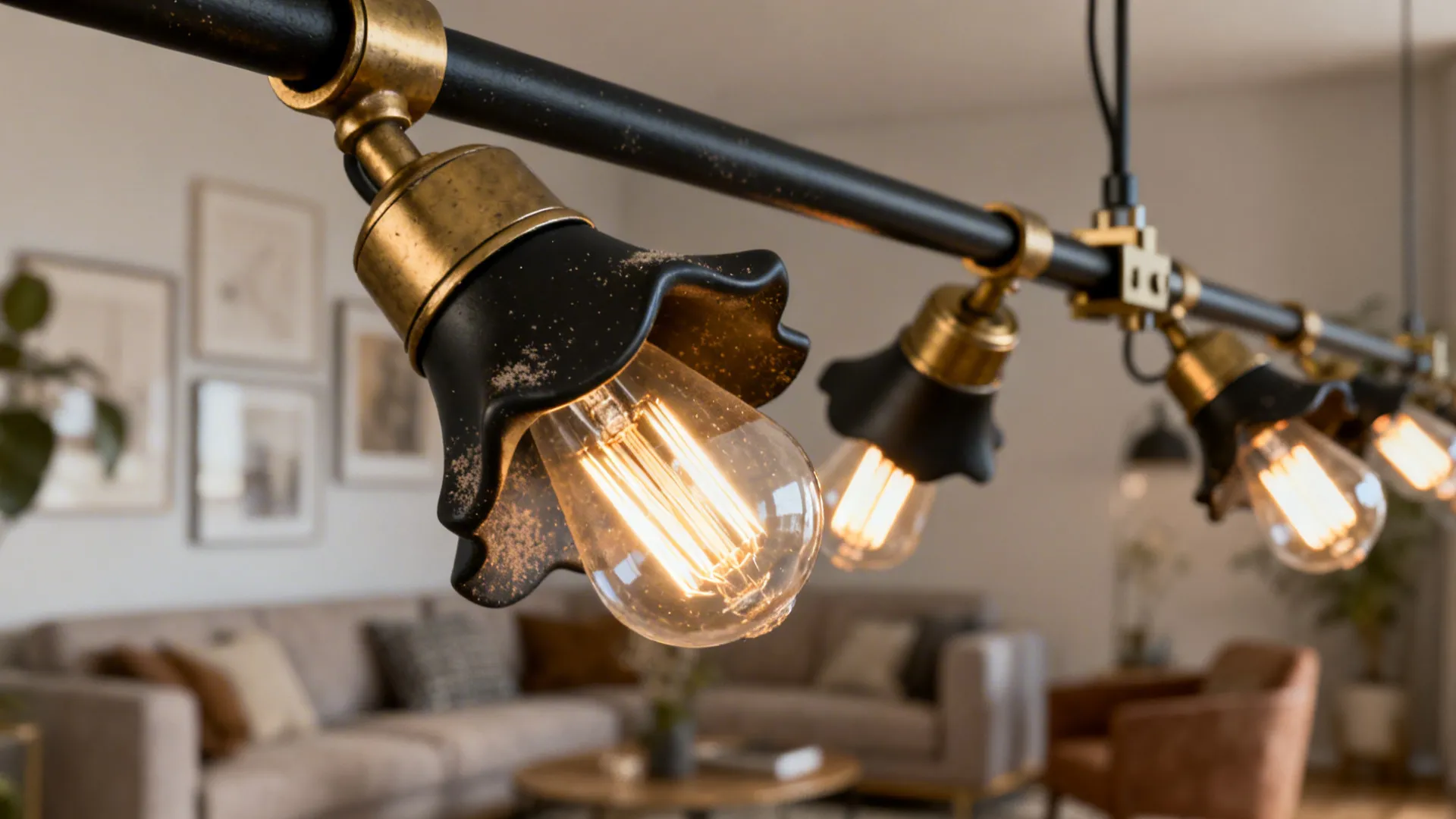 Matte black and brass decorative track lighting with sculptural heads and filament-style bulbs.