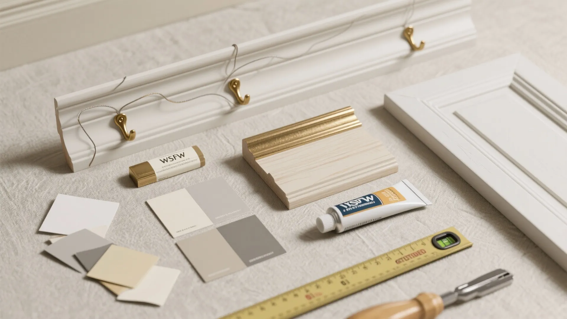 Top-down flat lay of picture rail hooks, crown molding, casings, and neutral paint chips for vintage wall design.