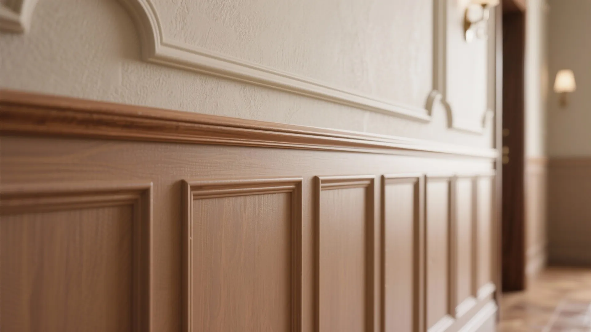Close up of decorative brown wood wall panel design with classic white trim on top