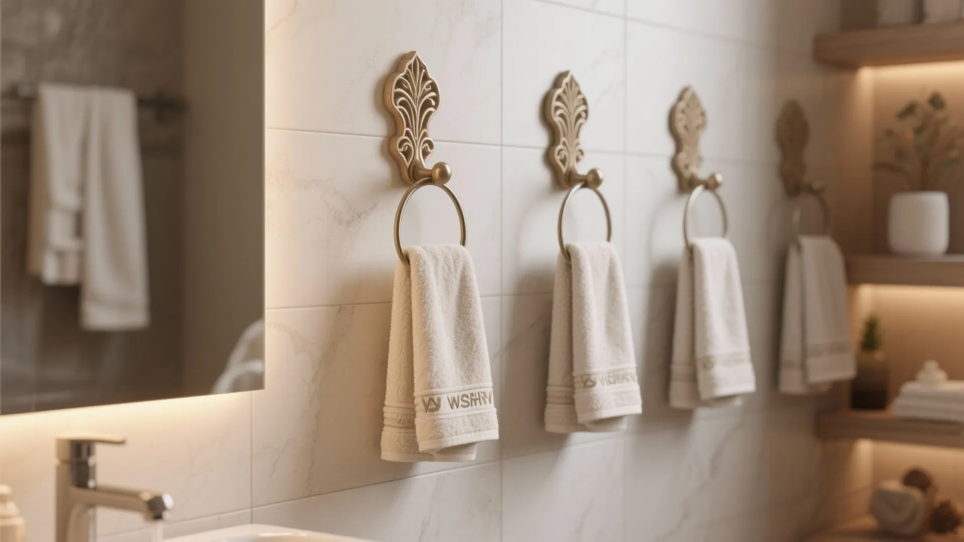 Row of decorative gold towel rings holding white towels on a marble bathroom wall interior