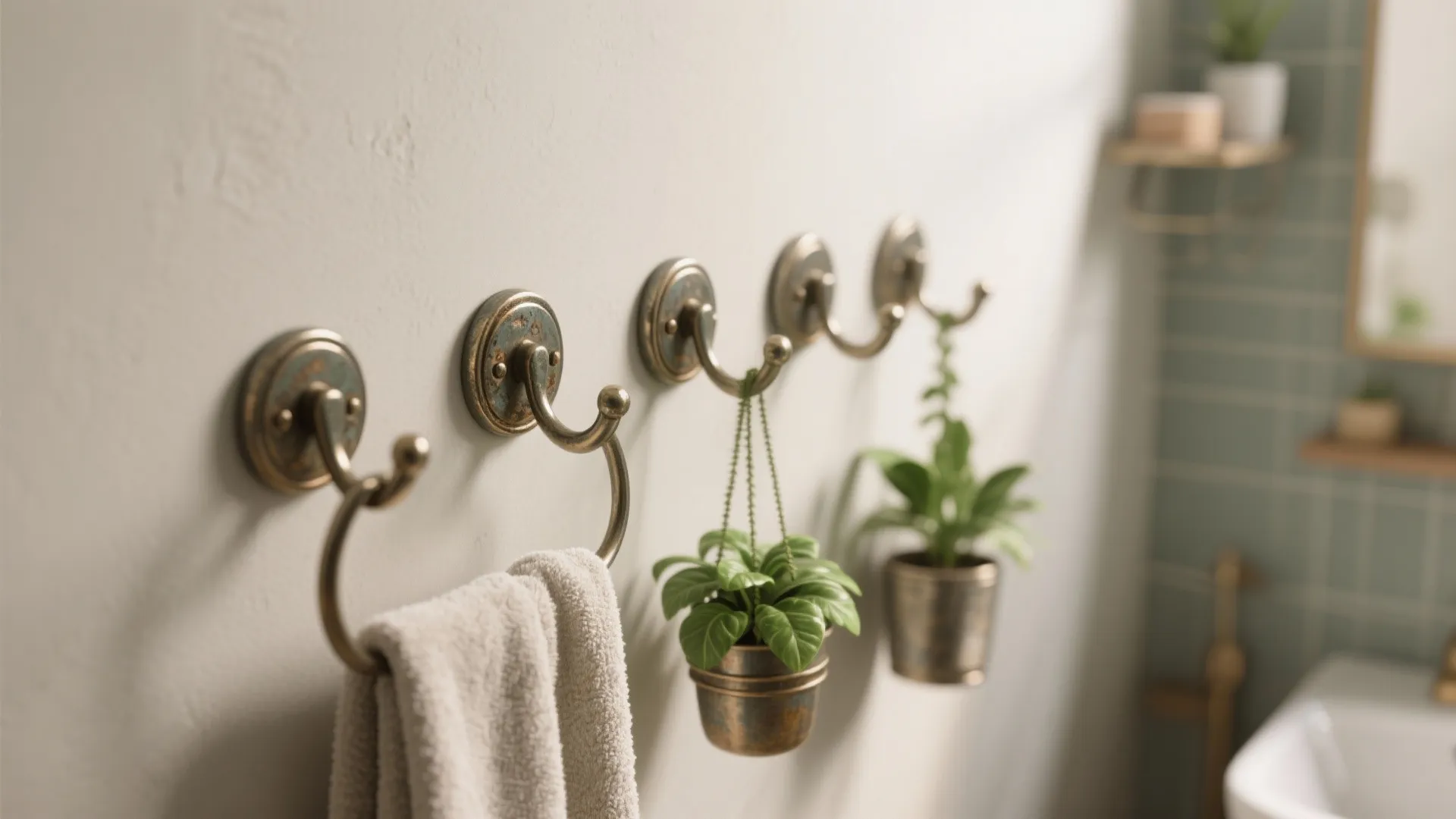 Antique metal wall hooks in a row holding a white towel and two small hanging plants