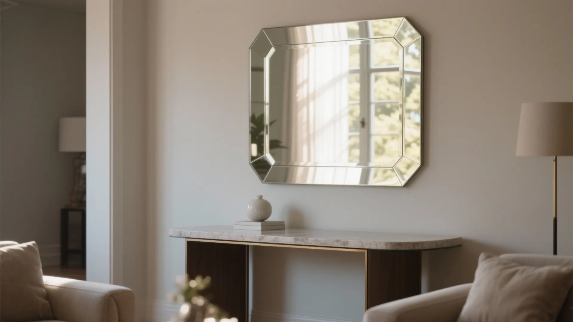 Large wall mirror hanging above a marble table with a lamp and a beige sofa nearby