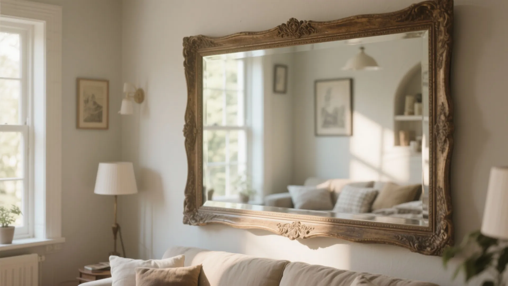 Vintage framed wall mirror adding light to a cozy room
