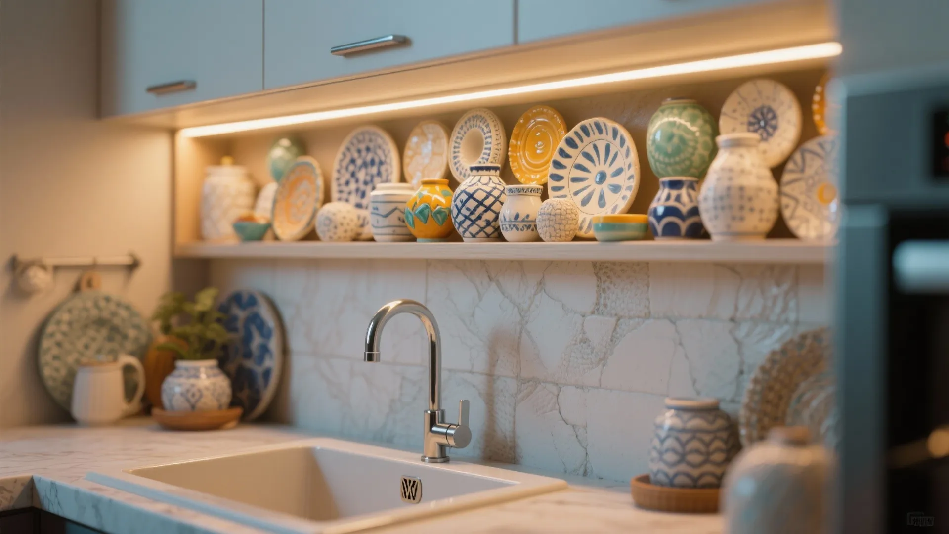 Decorative wall niche above kitchen sink with LED lighting and ceramics
