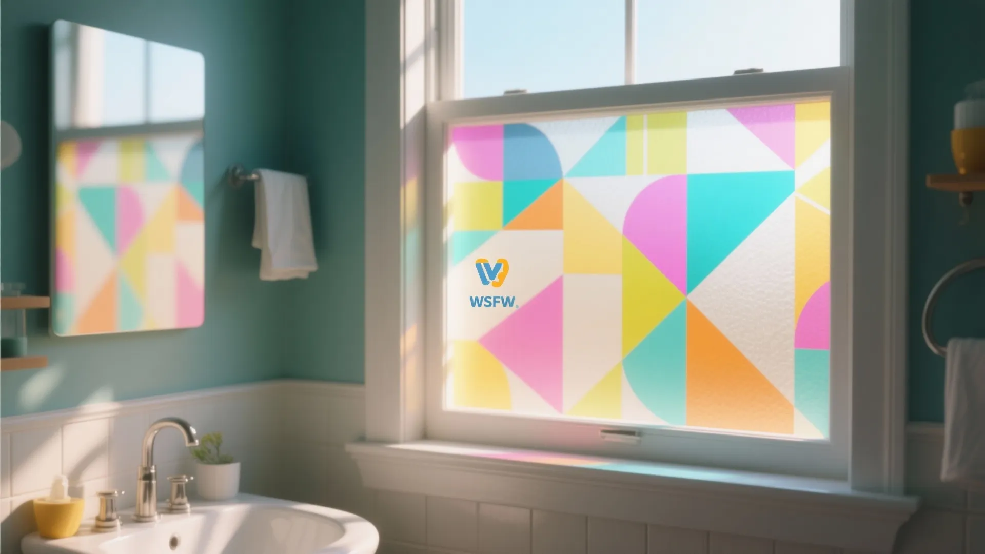 Bathroom window with colorful geometric pattern film design green walls white sink and silver faucet