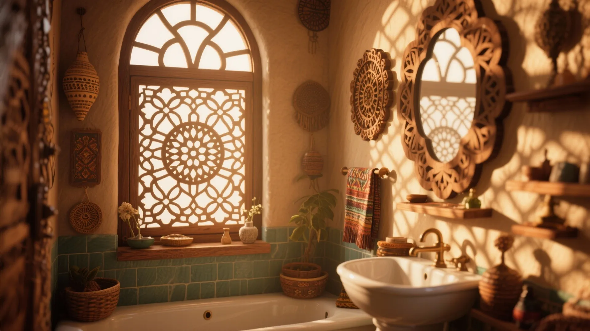 Bathroom with carved wood window screen round mirror white sink and warm sunlight casting shadows