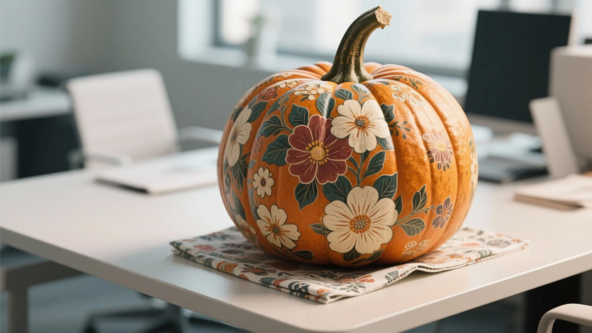 Pumpkin with floral-pattern decoupage detail on office desk
