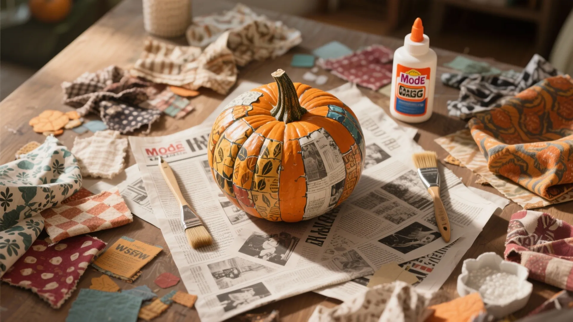 Top-down view of decoupage materials around a decorated pumpkin