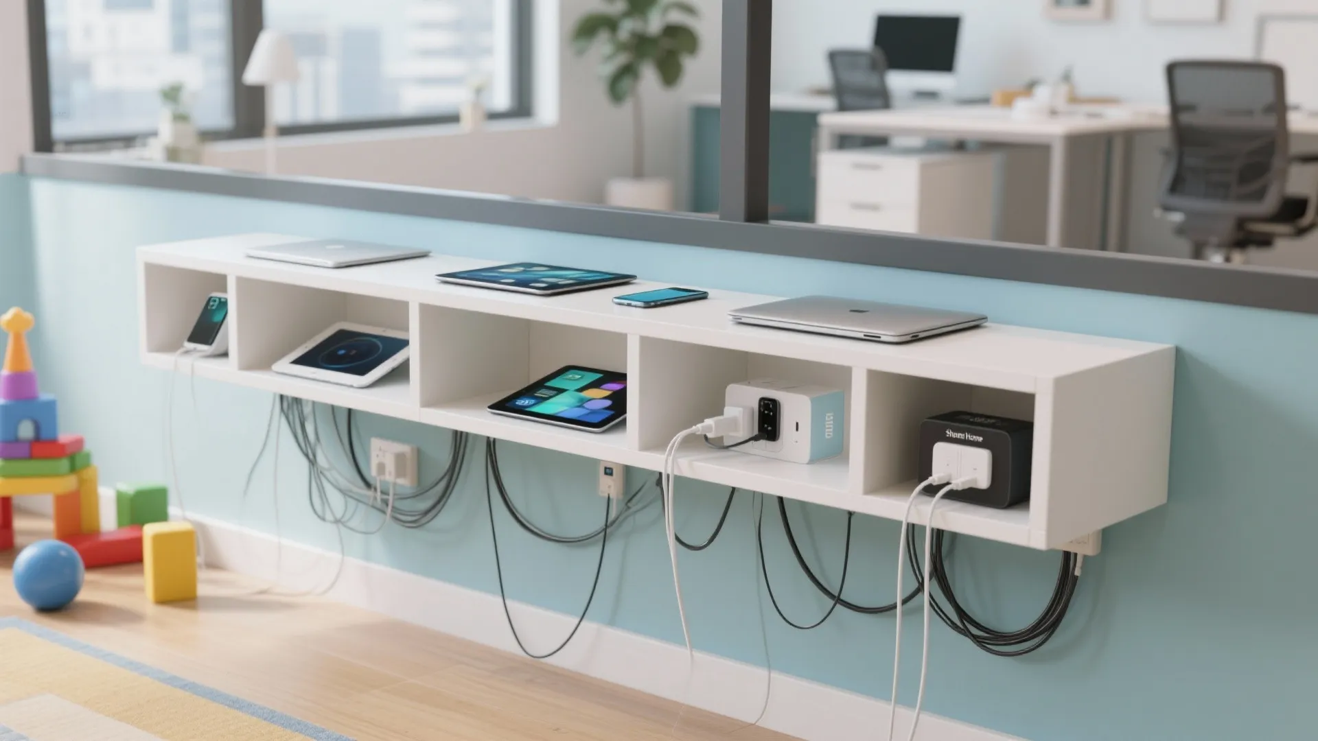 White wall cabinet holding multiple laptops and tablets connected to many charging cables and plugs