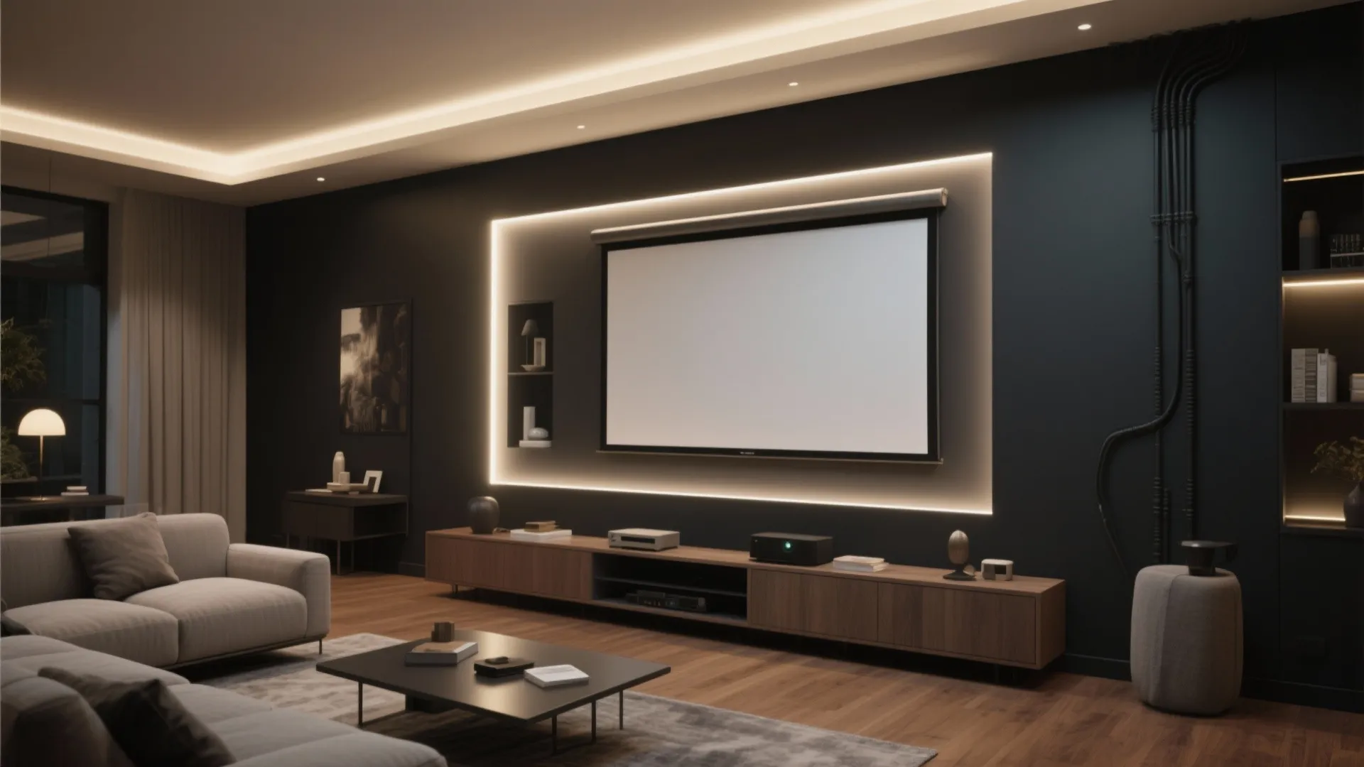 1. Dedicated projector wall with framed screen