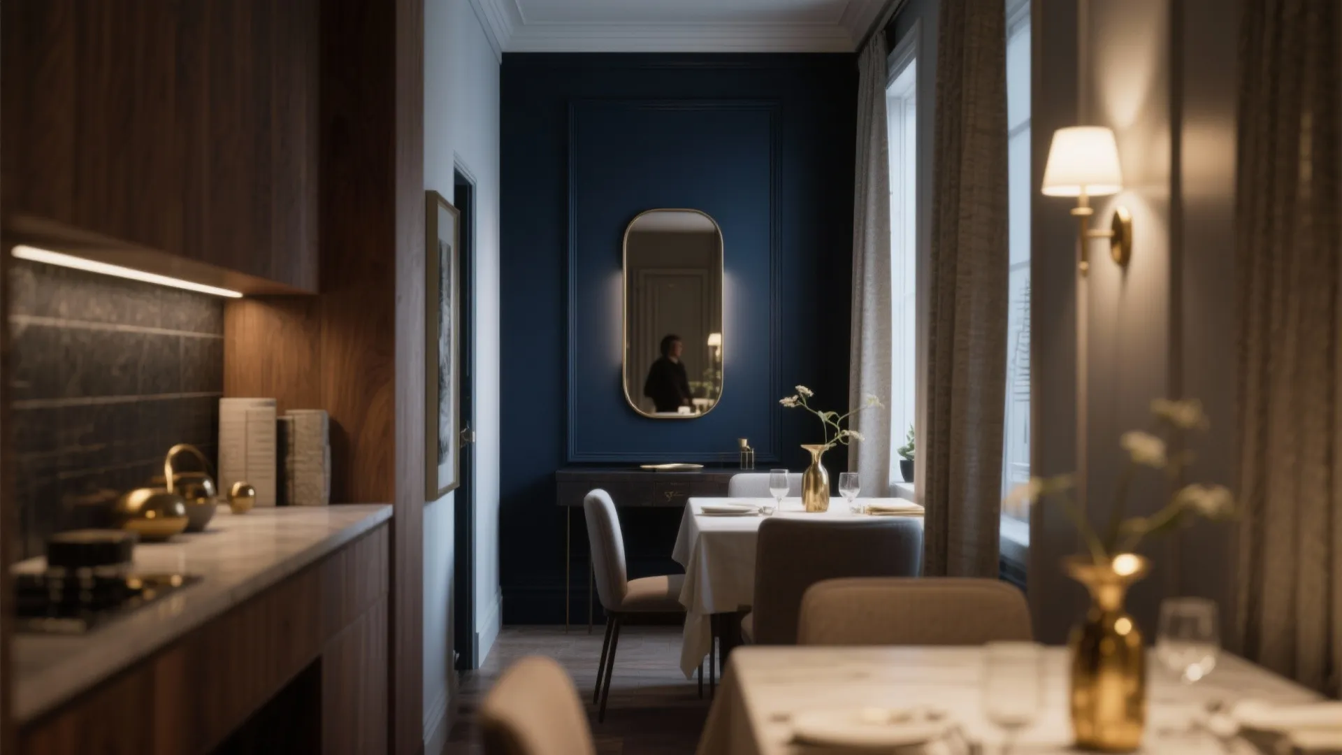 Elegant dining room with dark blue wall panel wall light gold vase and white curtains