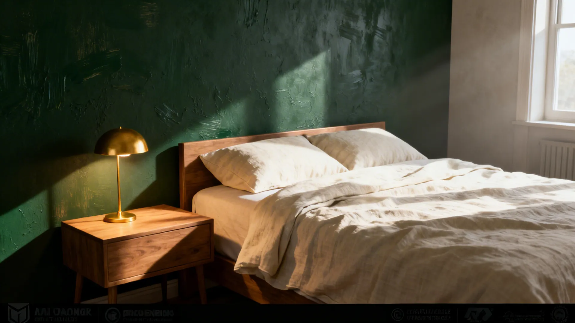 Bedroom with a single deep forest-green accent wall behind the bed and soft natural light.