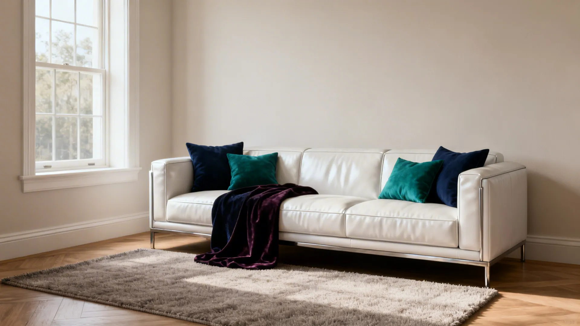White leather sofa with navy and emerald pillows on a mid-tone neutral rug in a compact living room.