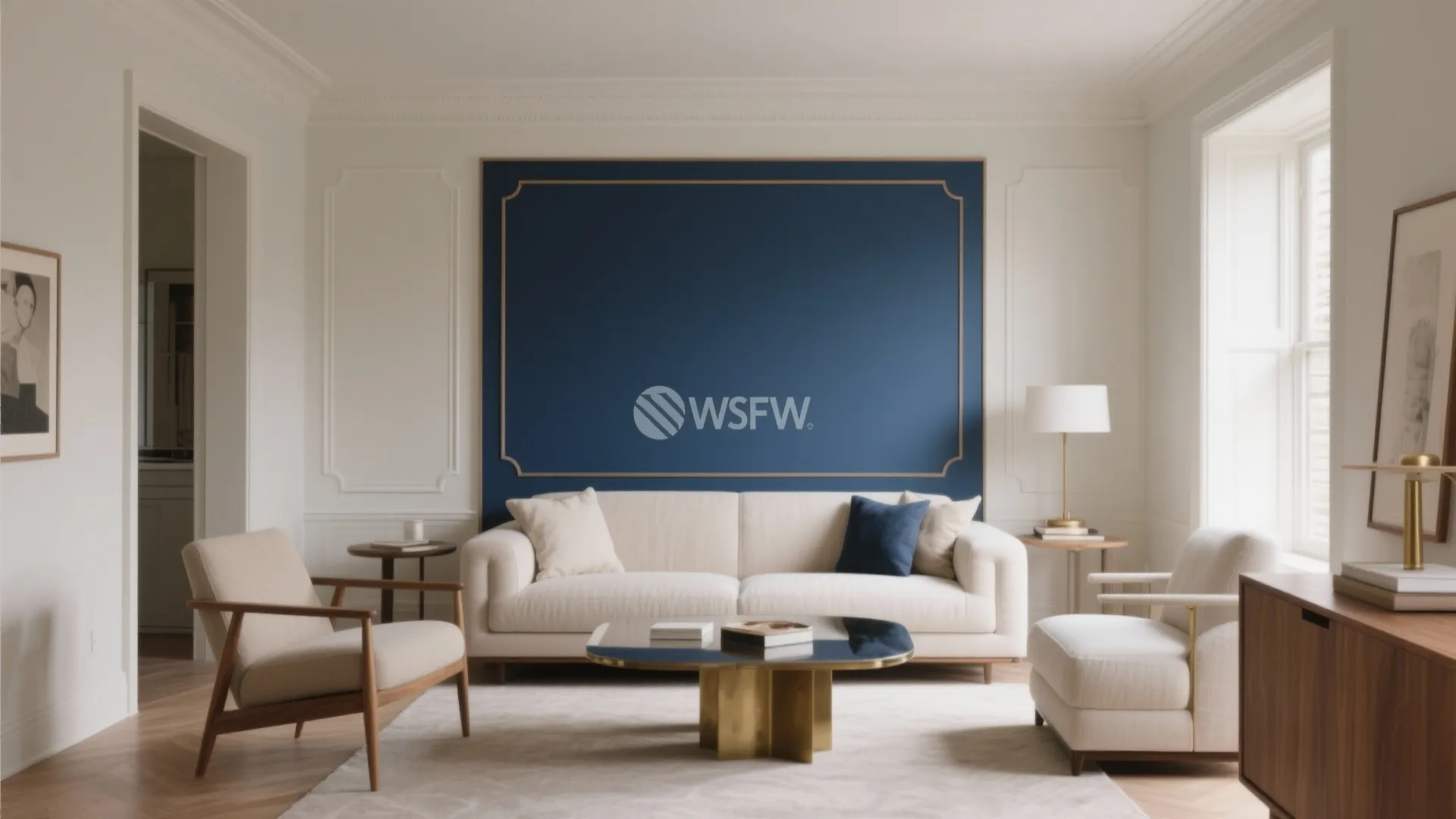 Living room with blue wall panel white sofa gold coffee table and two white armchairs