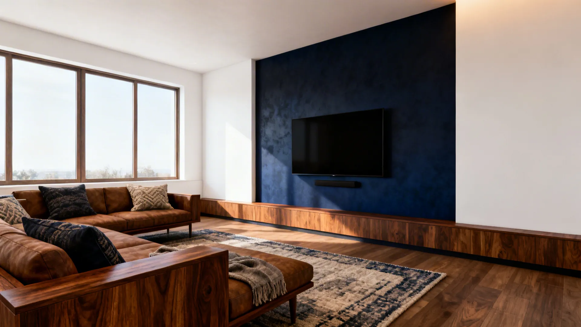 Living room with a blue-black accent media wall balanced by warm white walls and cozy textures.