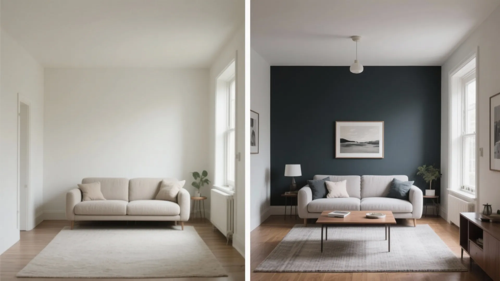 Side by side comparison of a plain white living room versus one with dark wall