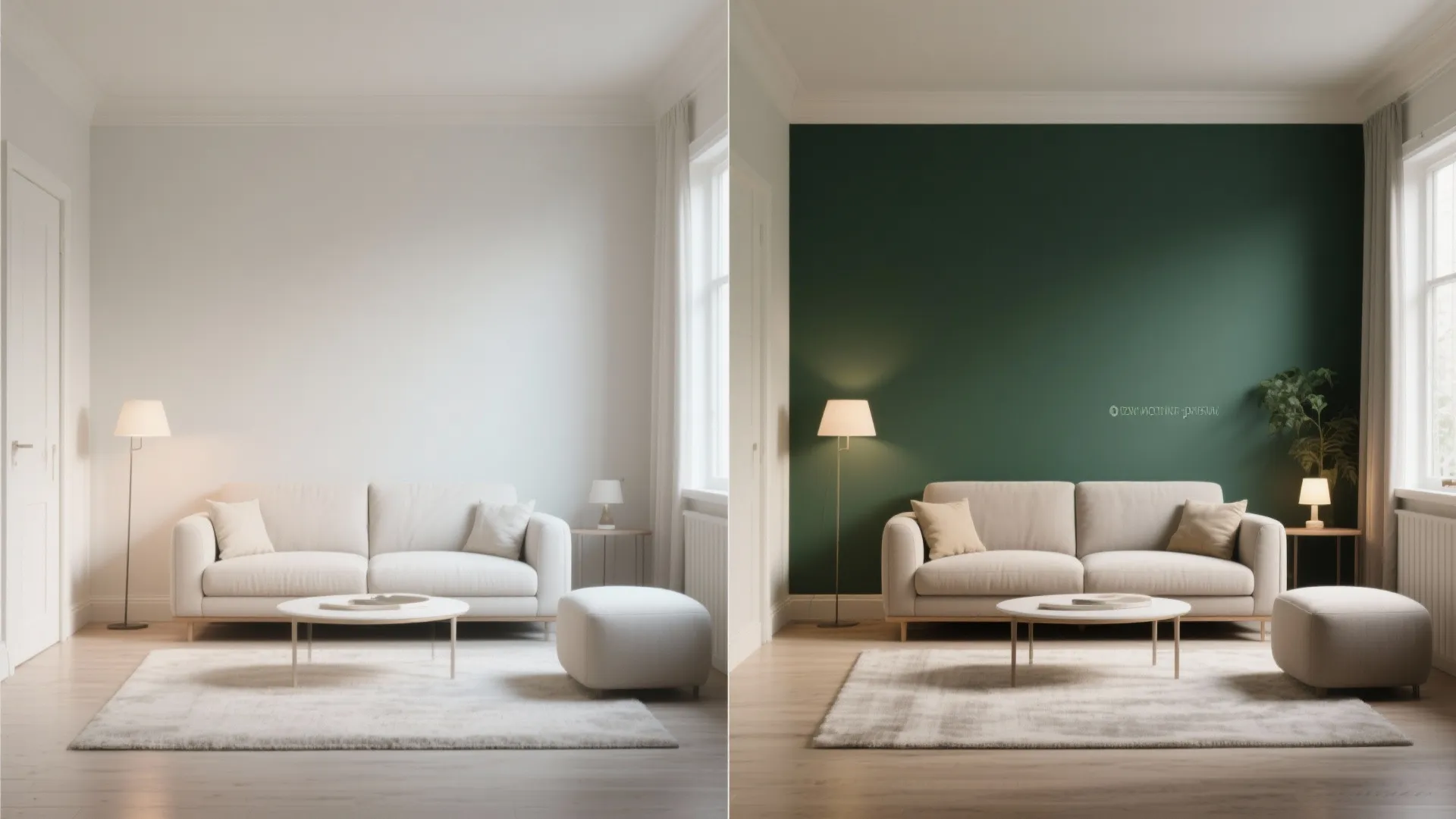 Before and after comparison of a living room changing from white wall to dark green wall