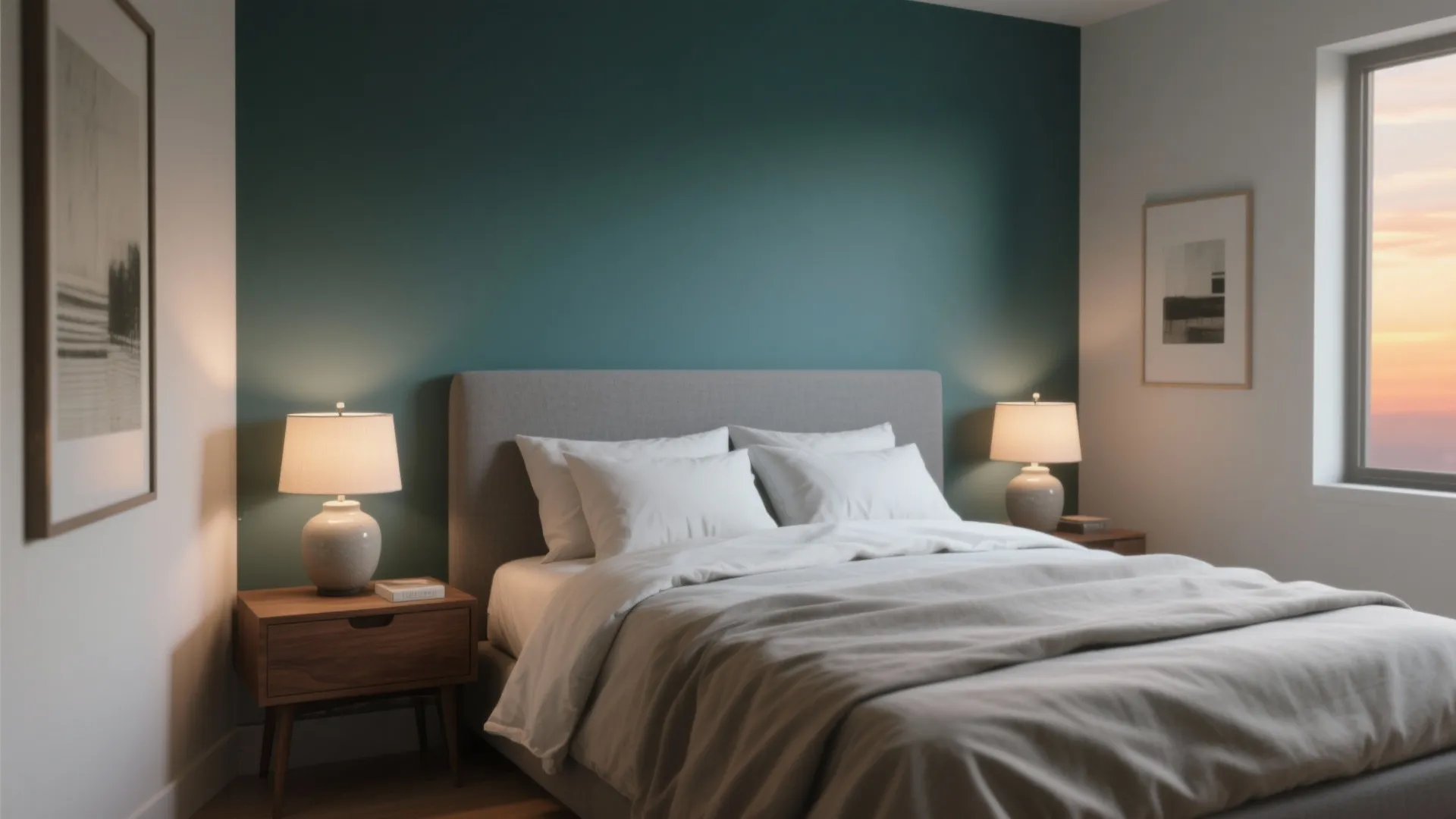 Cozy bedroom with teal green accent wall grey bed wood nightstands and two table lamps
