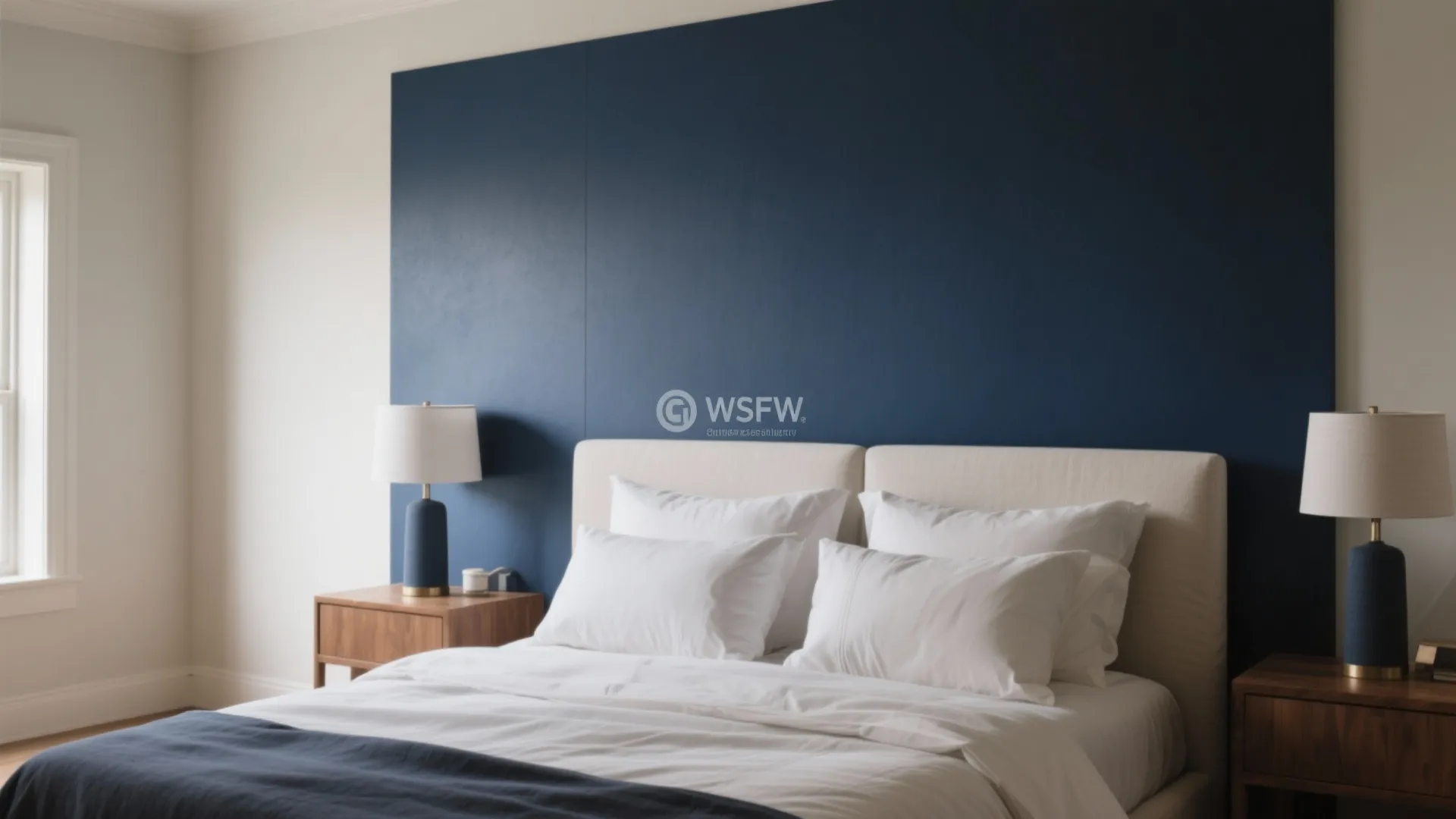 Modern bedroom with dark blue wall panel white bedding wood nightstands and symmetrical table lamps