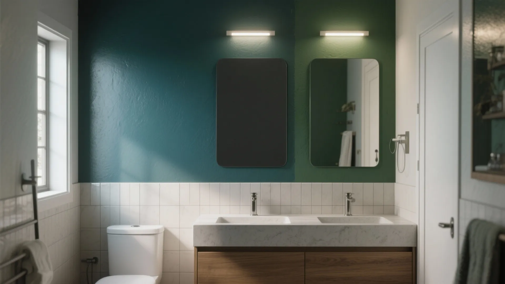 Double vanity bathroom with green accent wall and two mirrors and toilet and white window