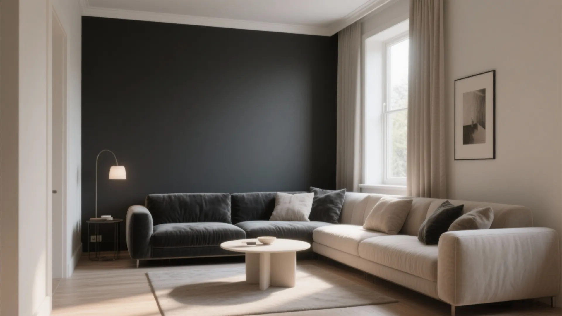 Compact living room with a deep charcoal matte accent wall, light furnishings and soft daylight.