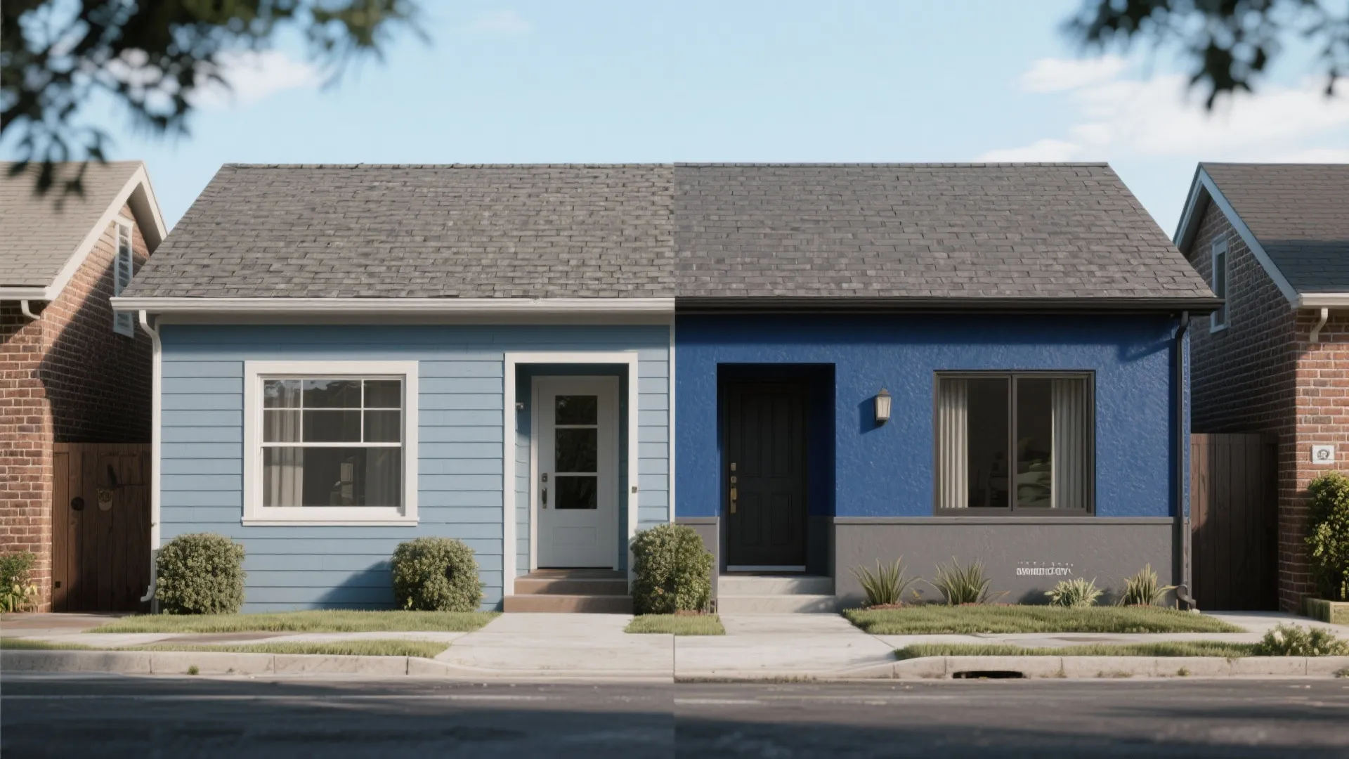 Before and after comparison of a light blue house exterior next to a dark blue wall