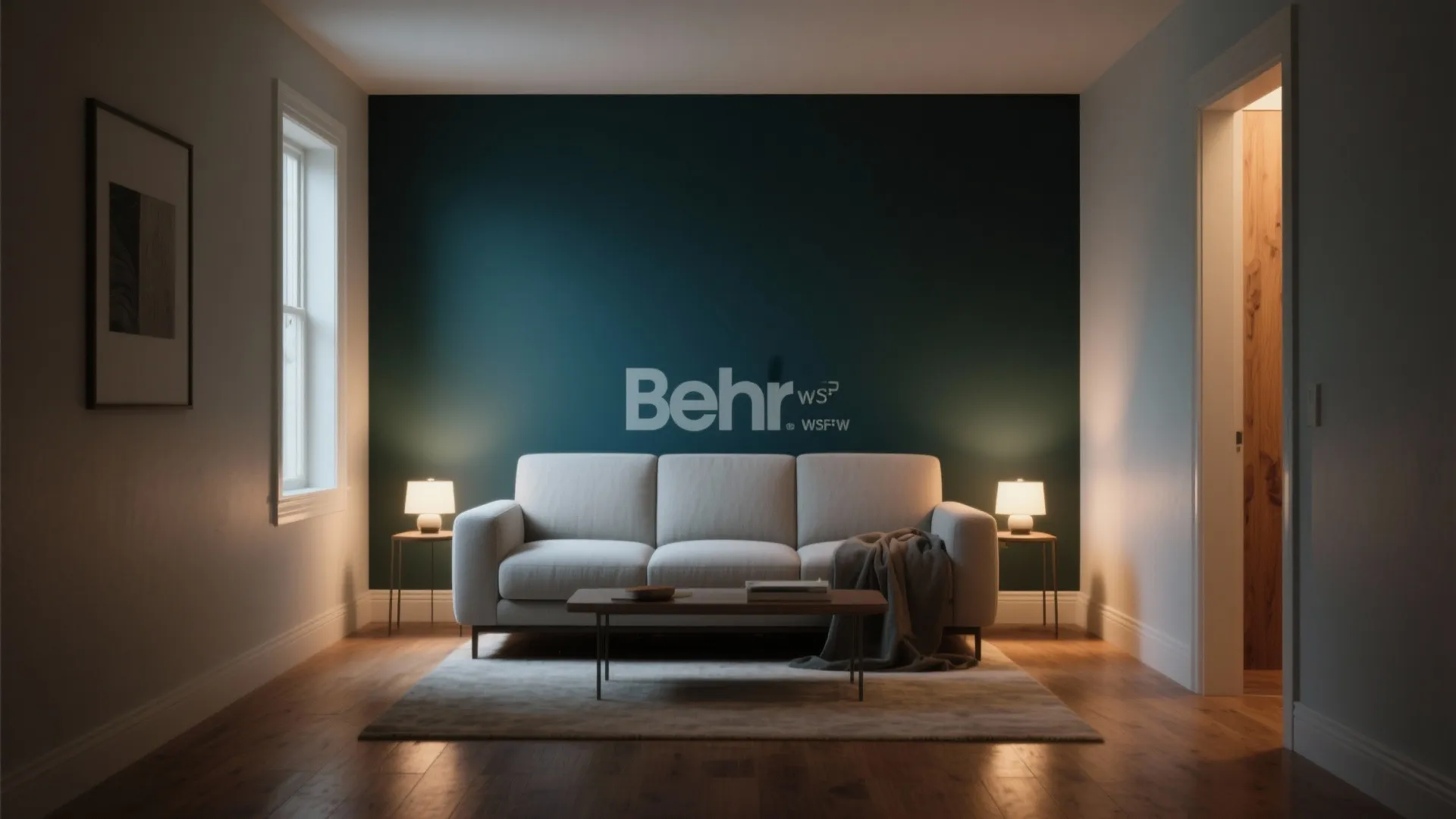 Small living room with a rich Behr accent wall at the far end creating visual depth and contrast with lighter adjacent walls.