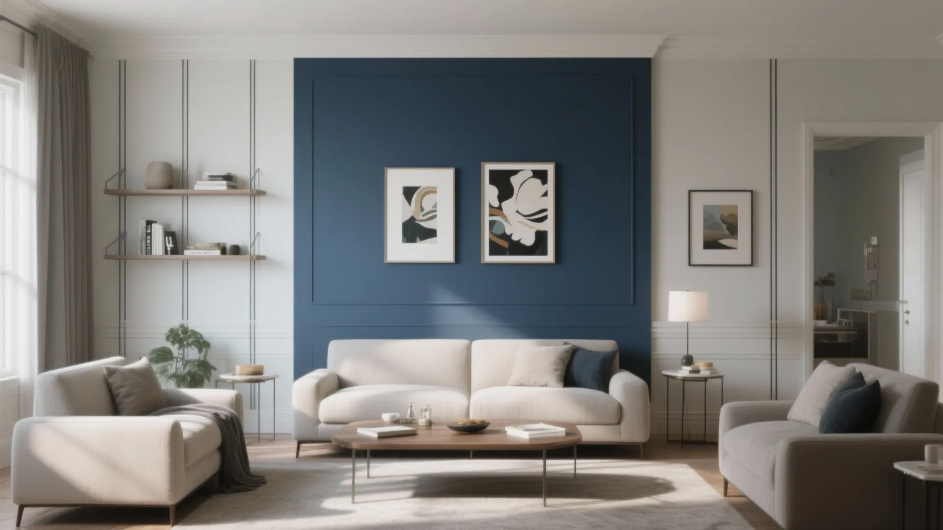 Modern living room with blue wall panel cream sofa wooden coffee table and white wall shelves