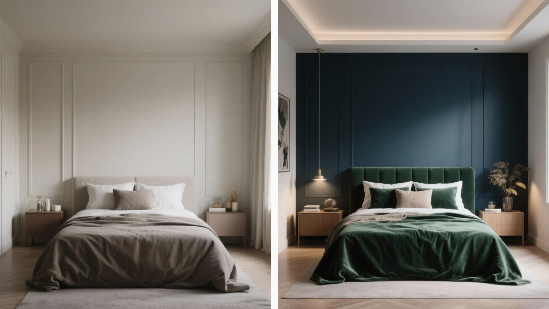 Split view showing neutral room vs same room with a deep navy accent wall and light floors