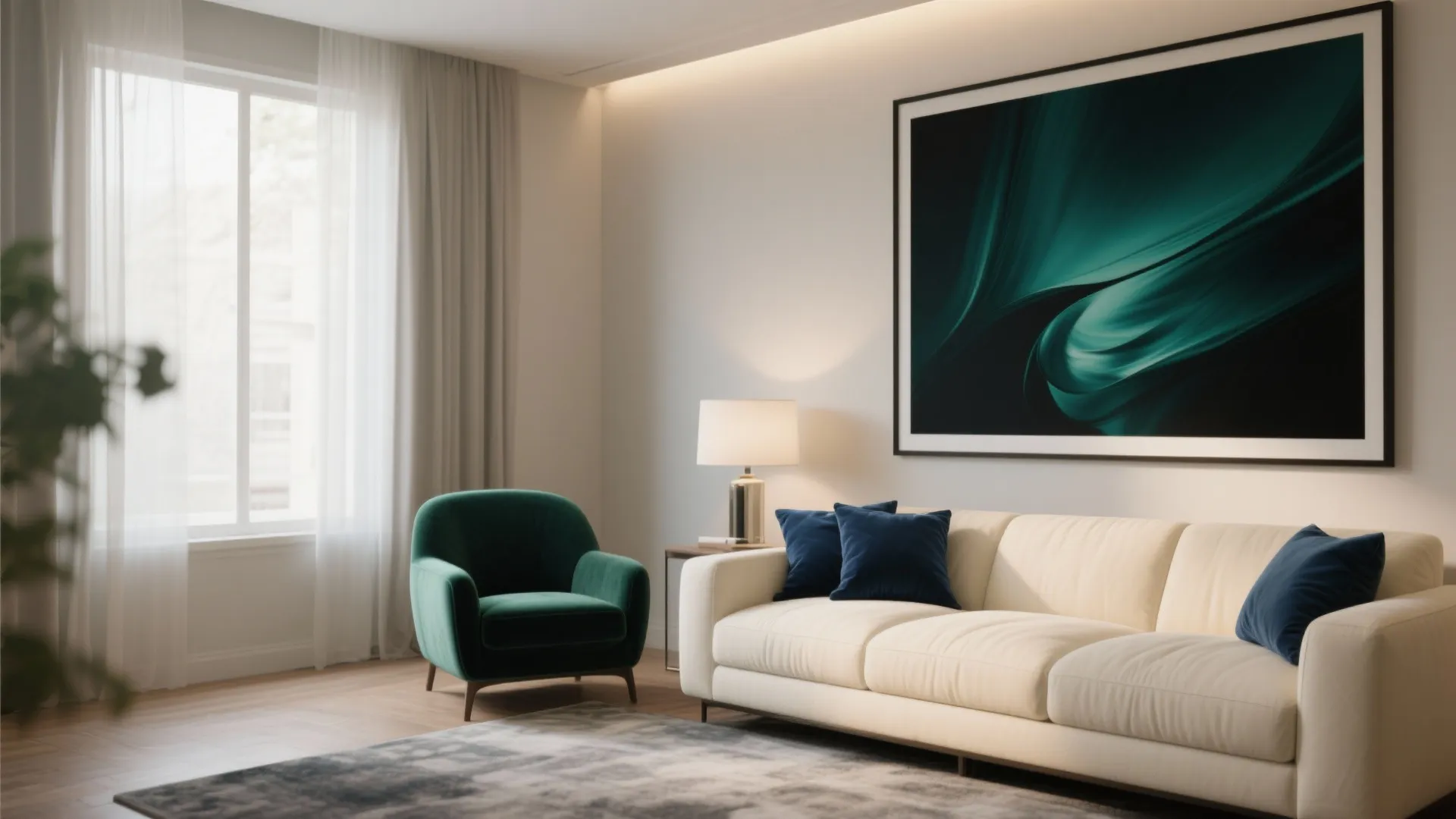 Modern living room with white sofa, green armchair, large wall art, and natural window light