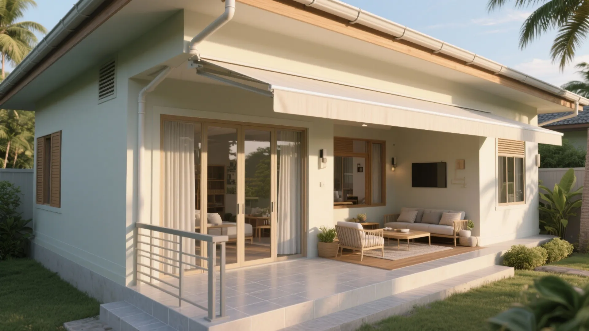 Modern white house with outdoor patio featuring sofa chairs coffee table glass doors and large sunshade