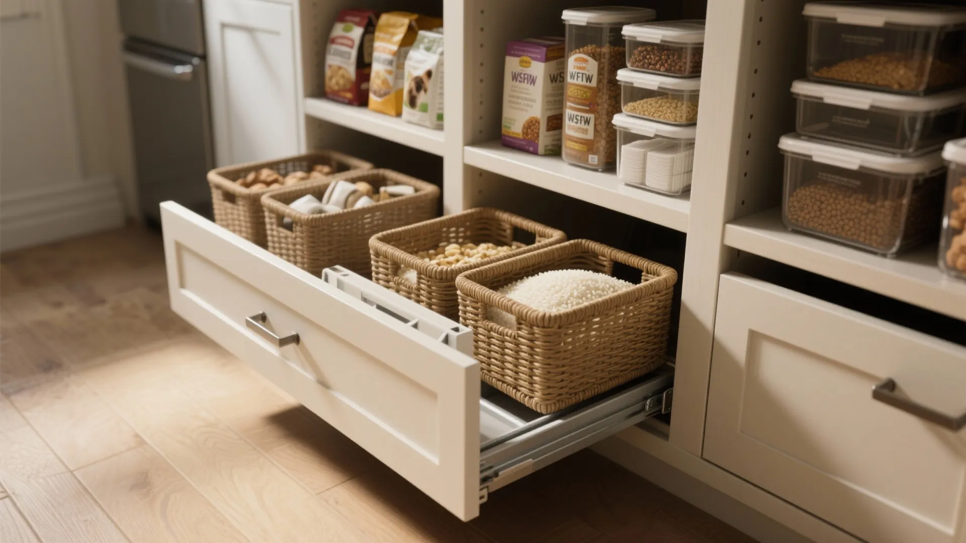 Lower pantry with deep pull-out baskets and drawers storing bulk items like rice and pet food.