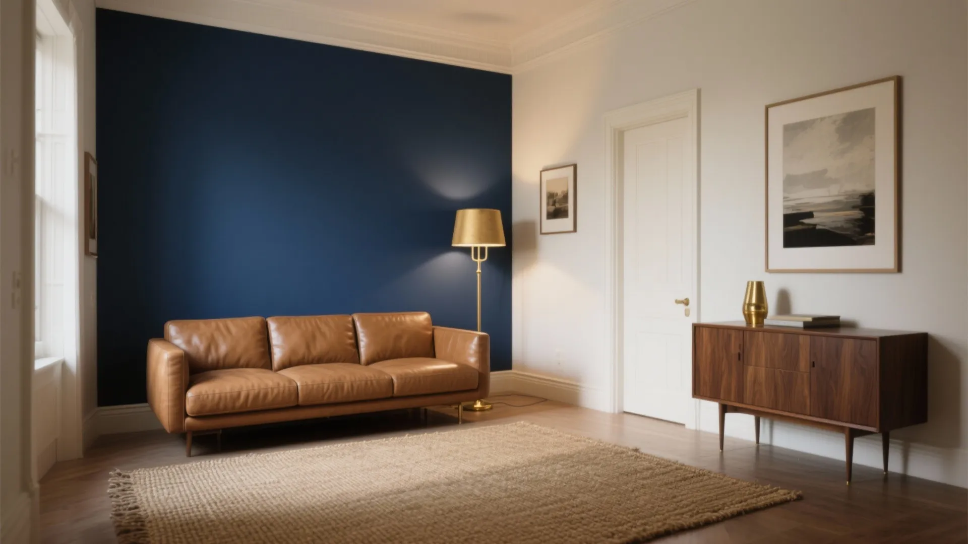 Living room featuring a deep blue accent wall leather sofa wooden cabinet and gold lamp