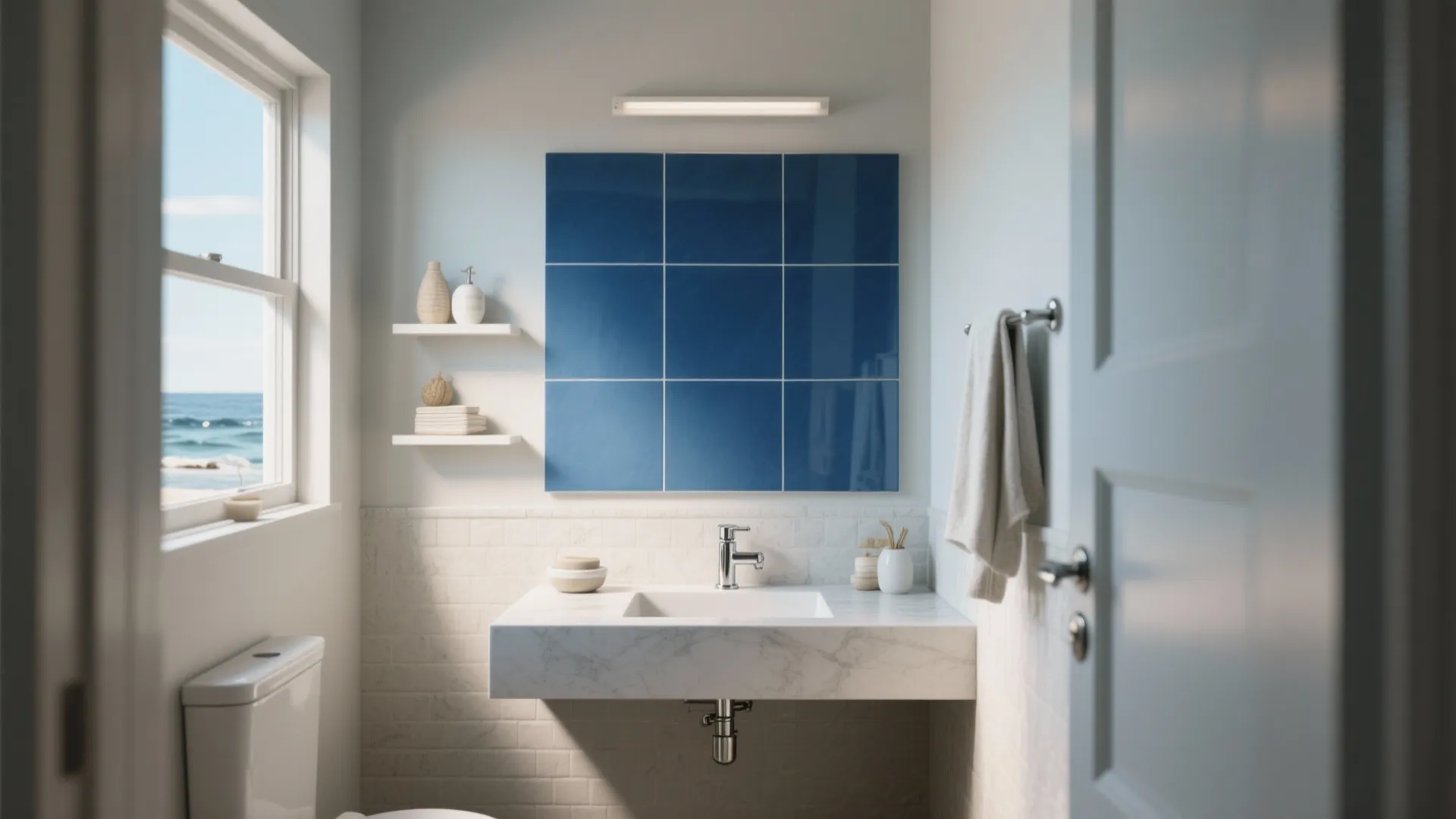 5. Deep Blue Accent Wall with Large Format Tile