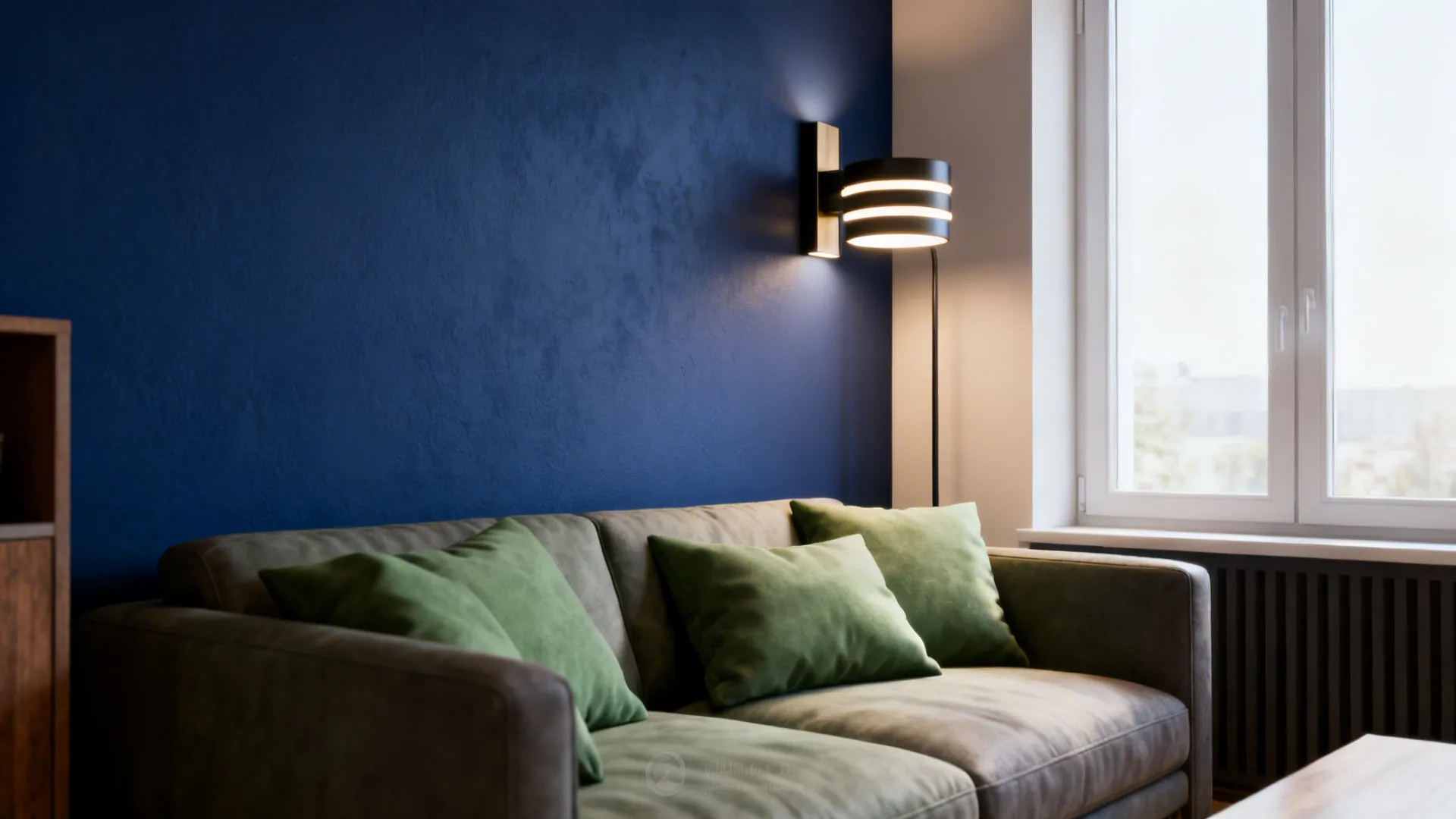 Compact living room with a deep blue accent wall behind the sofa, accented by green cushions and a floor lamp.