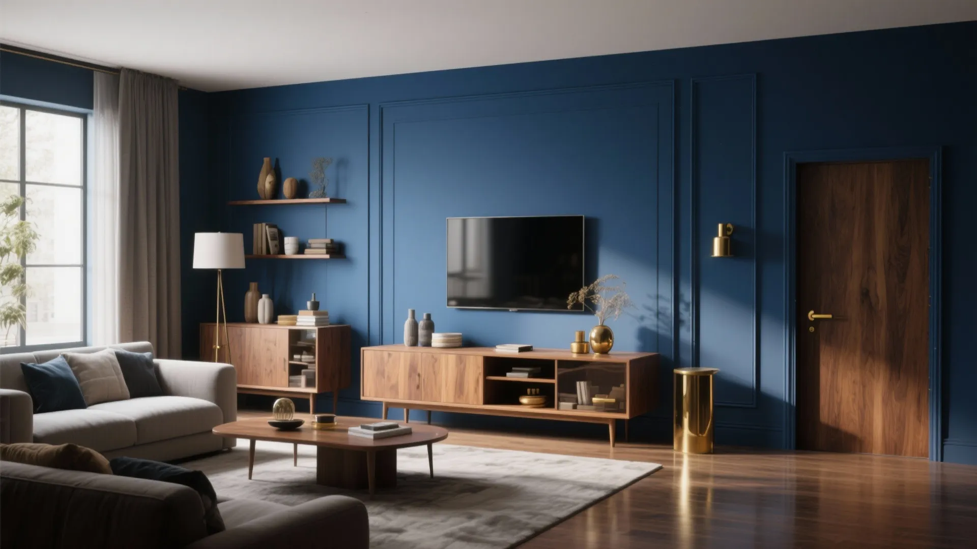 Modern living room with blue walls wooden cabinet television grey sofa coffee table and natural light