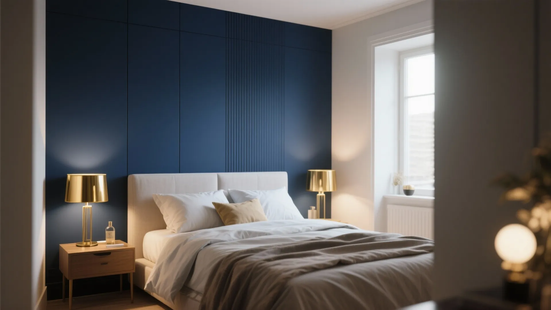 Modern bedroom with deep blue wall panels two gold table lamps and white comfortable bed