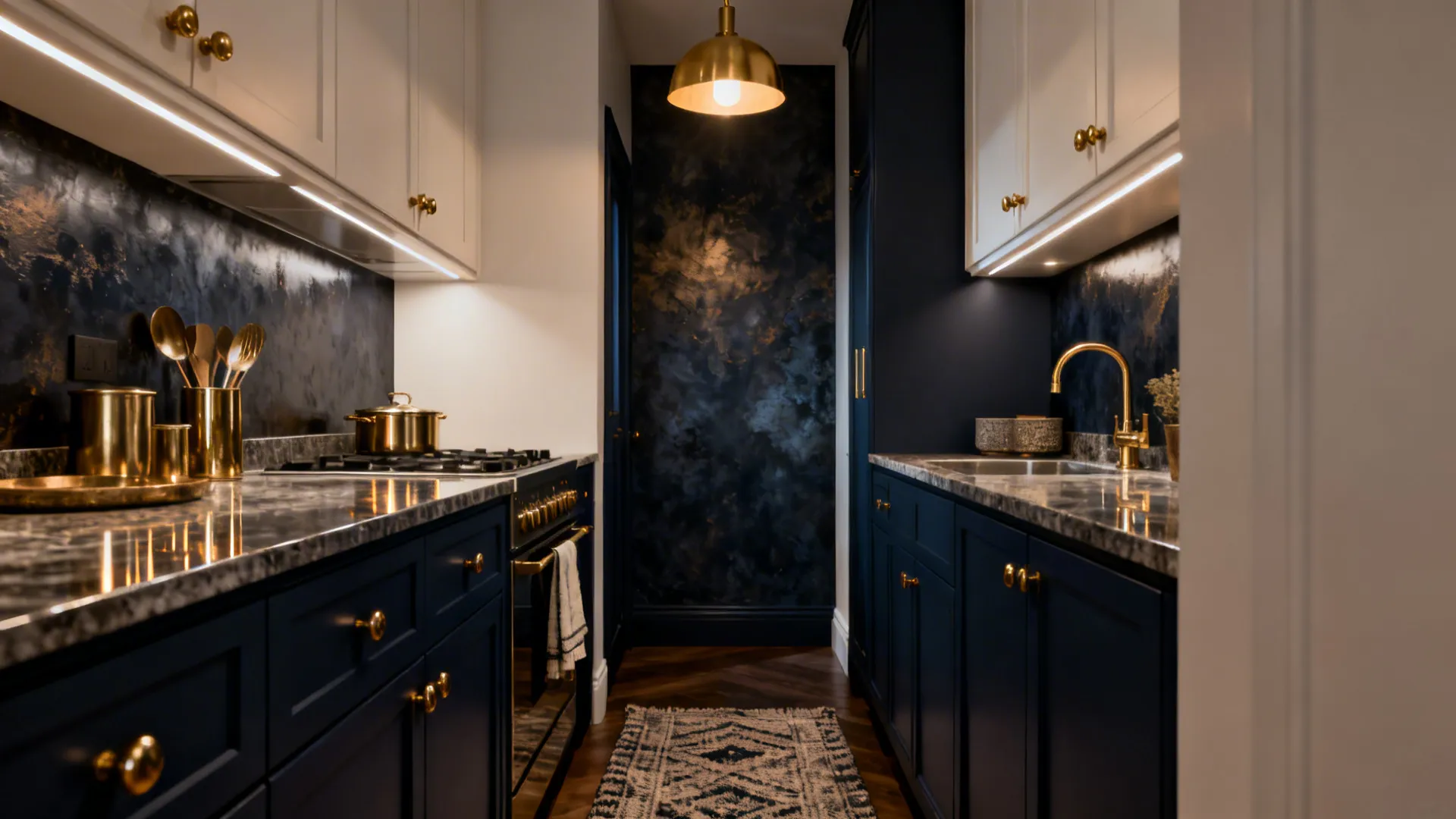 Compact kitchen featuring deep navy lower cabinets and brass accents with lighter upper walls.