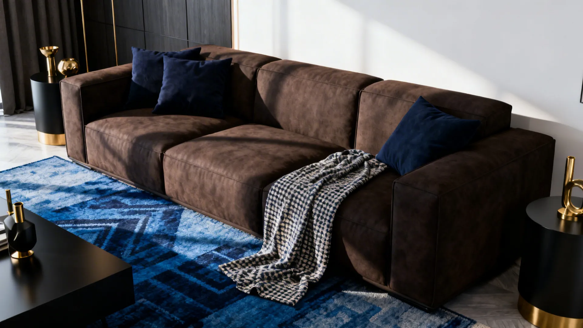 Dark brown sofa with deep navy cushions and indigo rug, brass and matte-black accents.