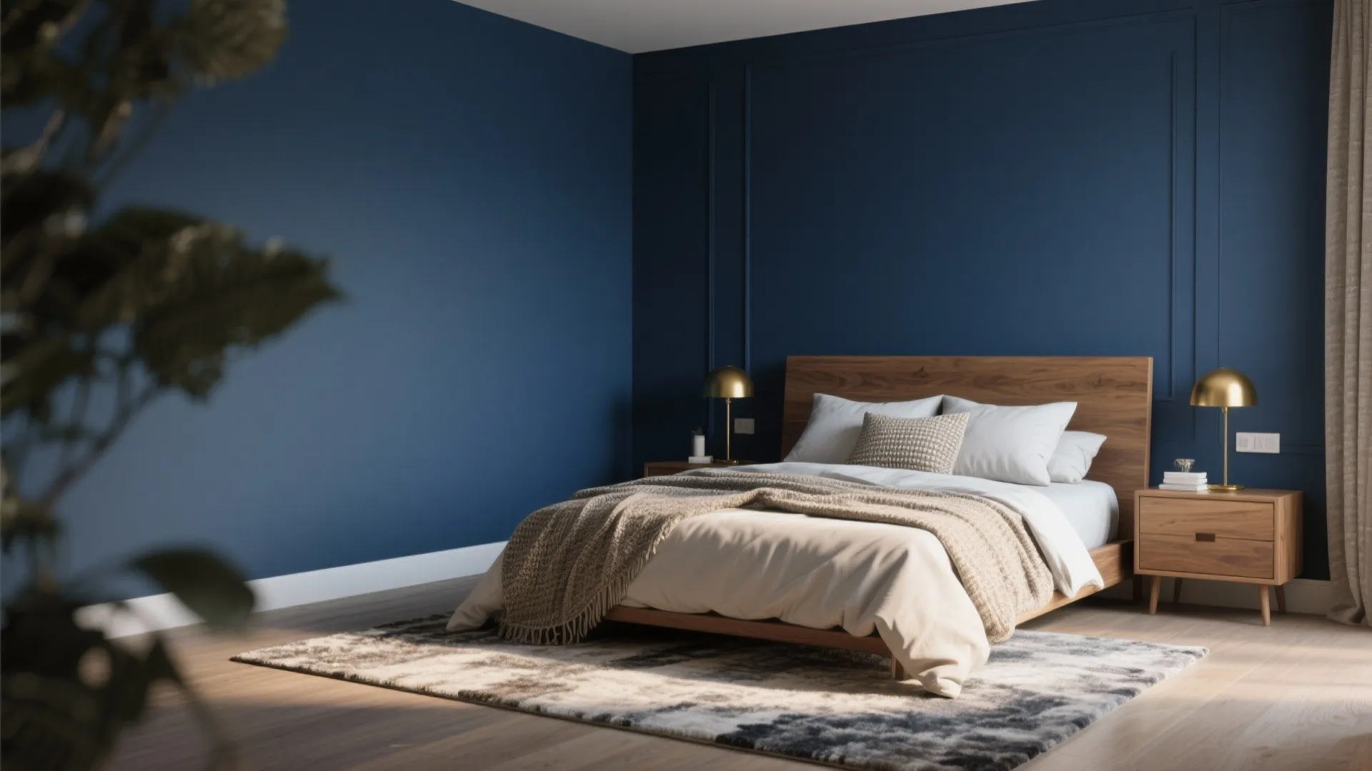 Cozy master bedroom with a deep navy accent wall, warm wood and brass accents